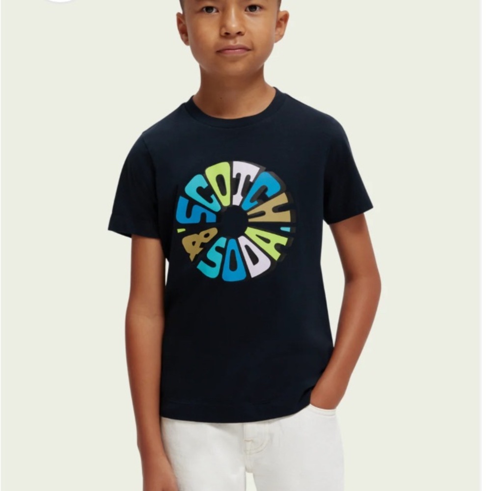 Scotch & Soda Boys NWT Navy Blue Graphic T-Shirt Multicolor Logo Tee Size Small